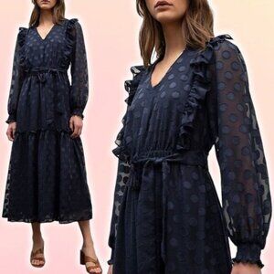 MOON RIVER Chiffon Polka Dot Ruffled Midi Dress Sz Large Blue